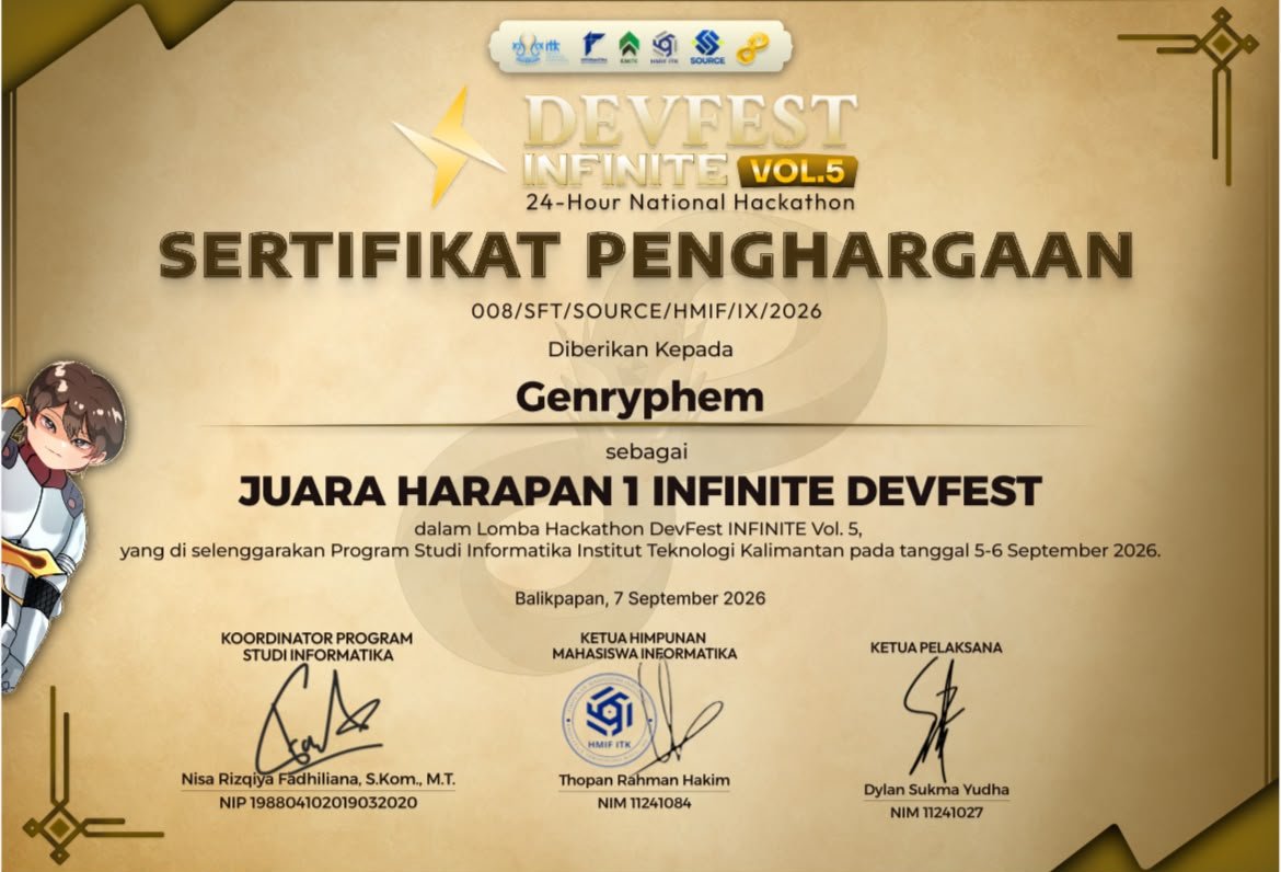 Sertifikat Juara Harapan 1 Infinite Devfest Vol 5